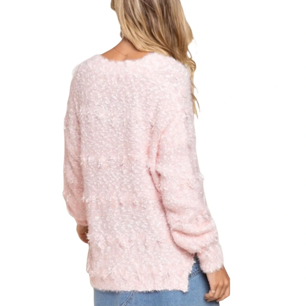 SALE POL Pink & White Plush & Fuzzy Popcorn Sweater Oversized